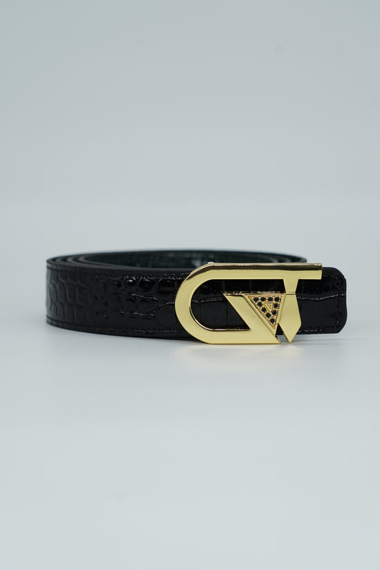 Cintura GT reversibile 2,5cm in pelle di vitello primo fiore stampa cocco nera/verde con fibbia oro lucido