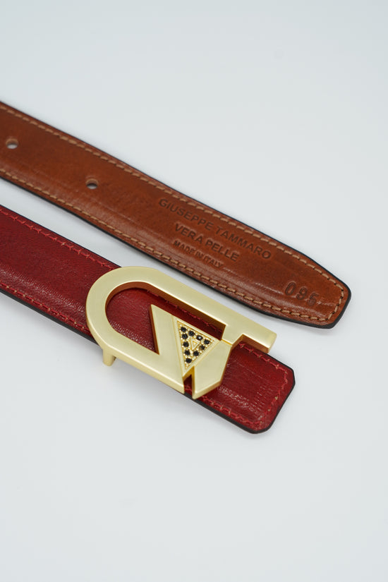 Cintura GT reversibile 2,5cm in pelle di vitello primo fiore tamponato a mano rosso Inglese/cuoio con fibbia oro satinato