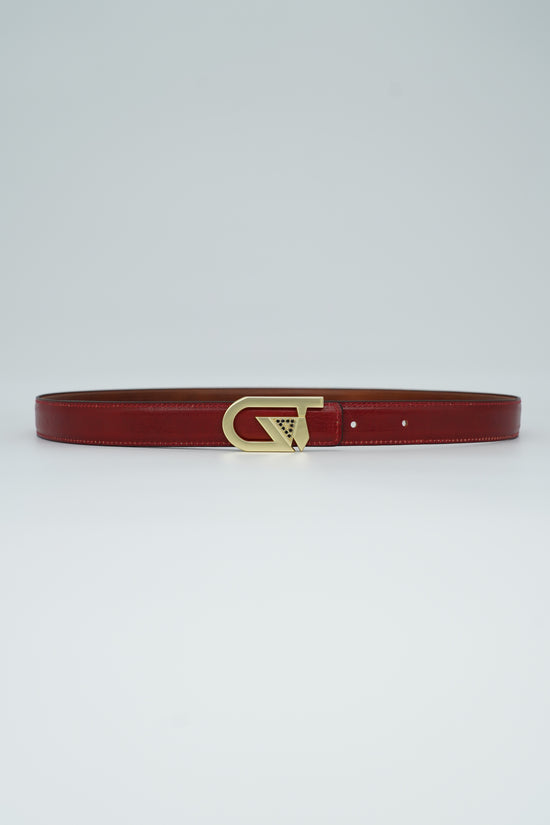 Cintura GT reversibile 2,5cm in pelle di vitello primo fiore tamponato a mano rosso Inglese/cuoio con fibbia oro satinato