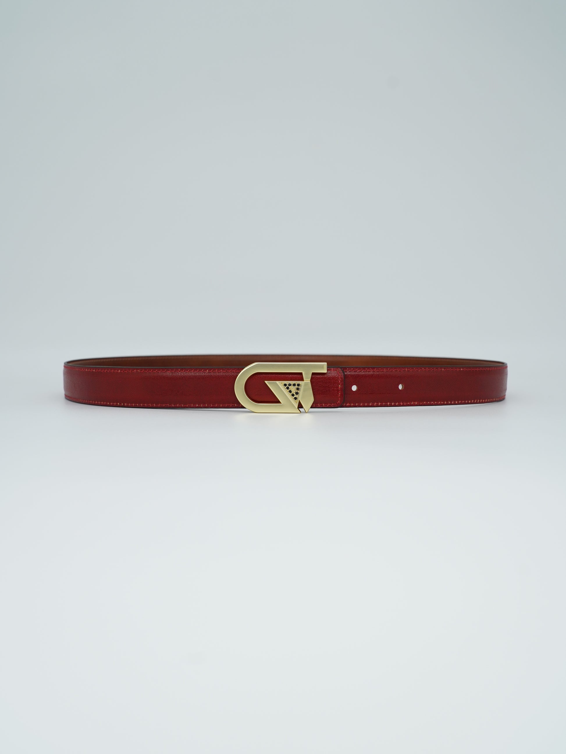 Cintura GT reversibile 2,5cm in pelle di vitello primo fiore tamponato a mano rosso Inglese/cuoio con fibbia oro satinato