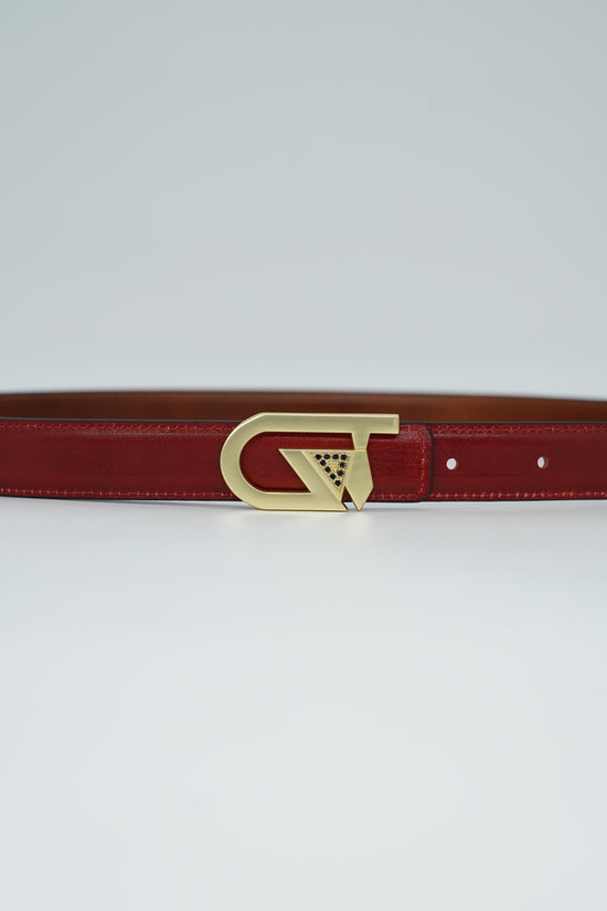 Cintura GT reversibile 2,5cm in pelle di vitello primo fiore tamponato a mano rosso Inglese/cuoio con fibbia oro satinato