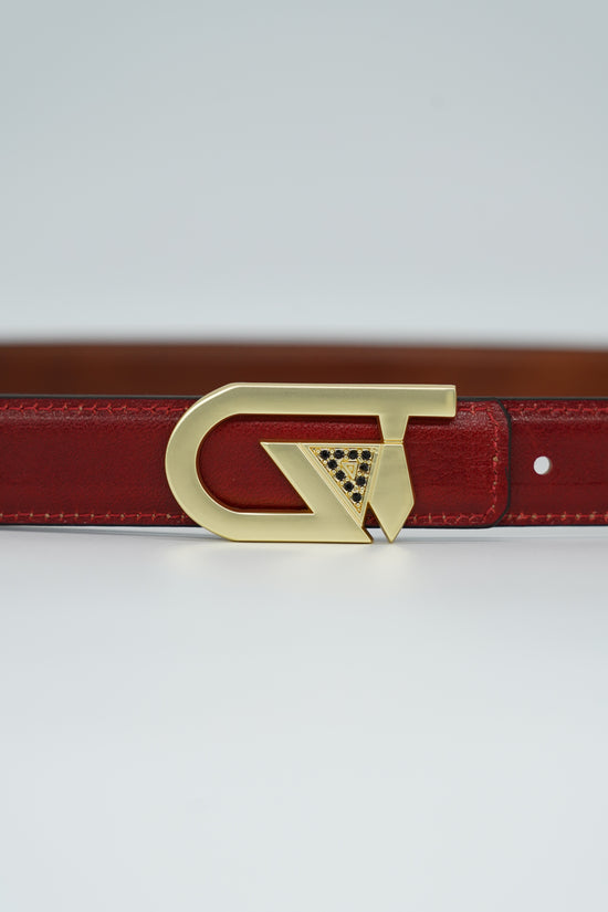 Cintura GT reversibile 2,5cm in pelle di vitello primo fiore tamponato a mano rosso Inglese/cuoio con fibbia oro satinato