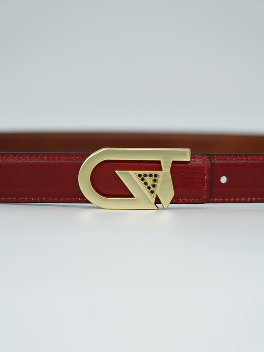 Cintura GT reversibile 2,5cm in pelle di vitello primo fiore tamponato a mano rosso Inglese/cuoio con fibbia oro satinato