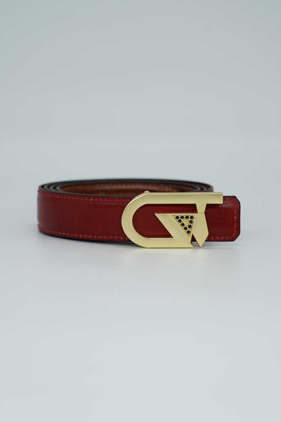 Cintura GT reversibile 2,5cm in pelle di vitello primo fiore tamponato a mano rosso Inglese/cuoio con fibbia oro satinato