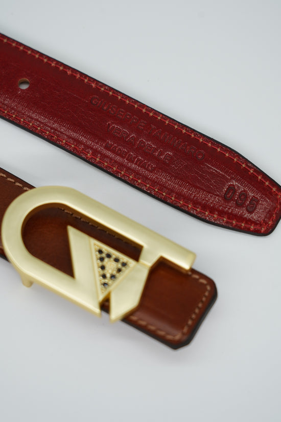 Cintura GT reversibile 2,5cm in pelle di vitello primo fiore tamponato a mano rosso Inglese/cuoio con fibbia oro satinato