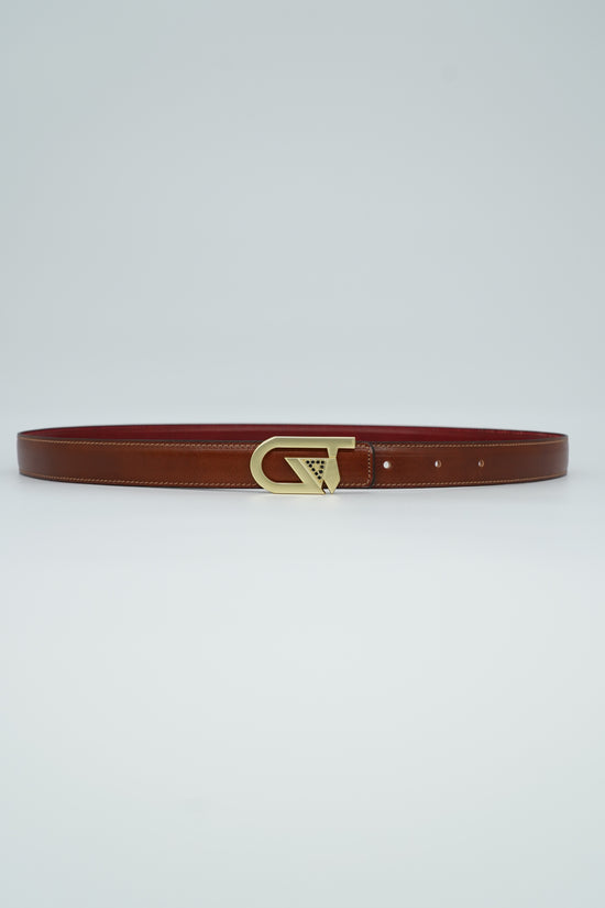 Cintura GT reversibile 2,5cm in pelle di vitello primo fiore tamponato a mano rosso Inglese/cuoio con fibbia oro satinato
