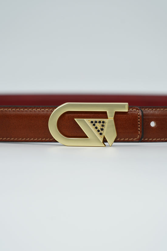Cintura GT reversibile 2,5cm in pelle di vitello primo fiore tamponato a mano rosso Inglese/cuoio con fibbia oro satinato