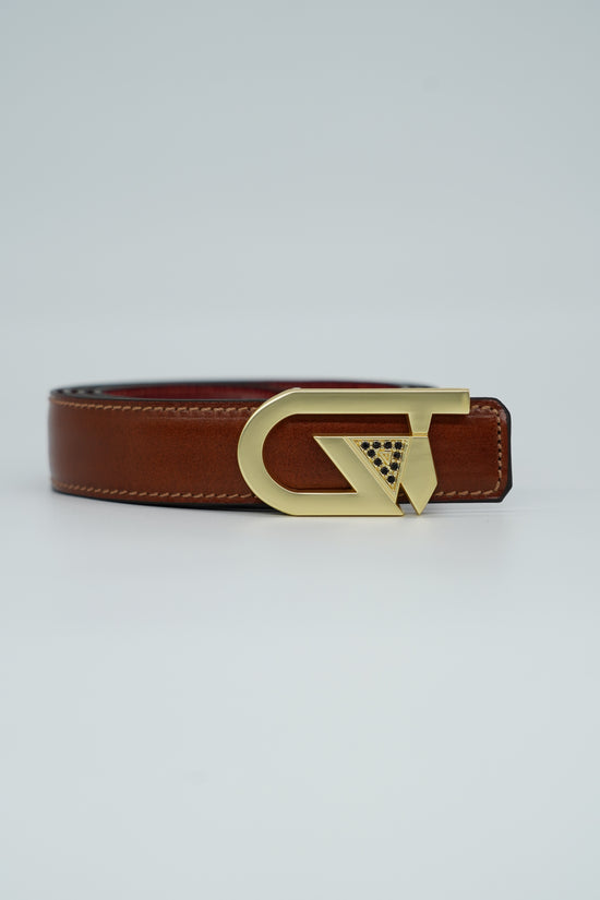 Cintura GT reversibile 2,5cm in pelle di vitello primo fiore tamponato a mano rosso Inglese/cuoio con fibbia oro satinato