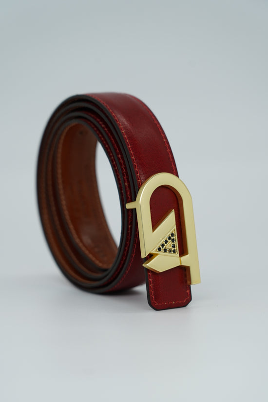 Cintura GT reversibile 2,5cm in pelle di vitello primo fiore tamponato a mano rosso Inglese/cuoio con fibbia oro satinato