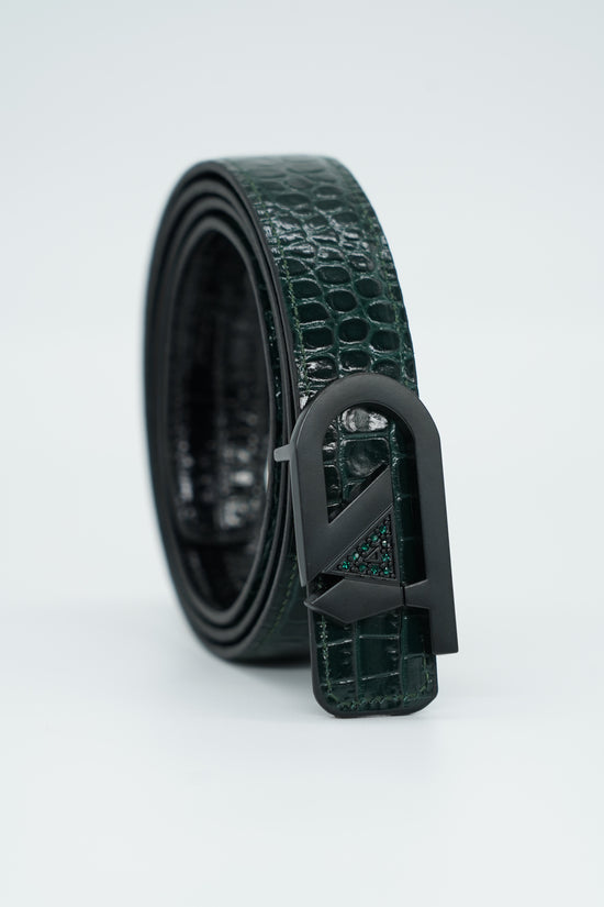 Cintura GT reversibile 2,5cm in pelle di vitello primo fiore stampa cocco verde/nero con fibbia nera opaca