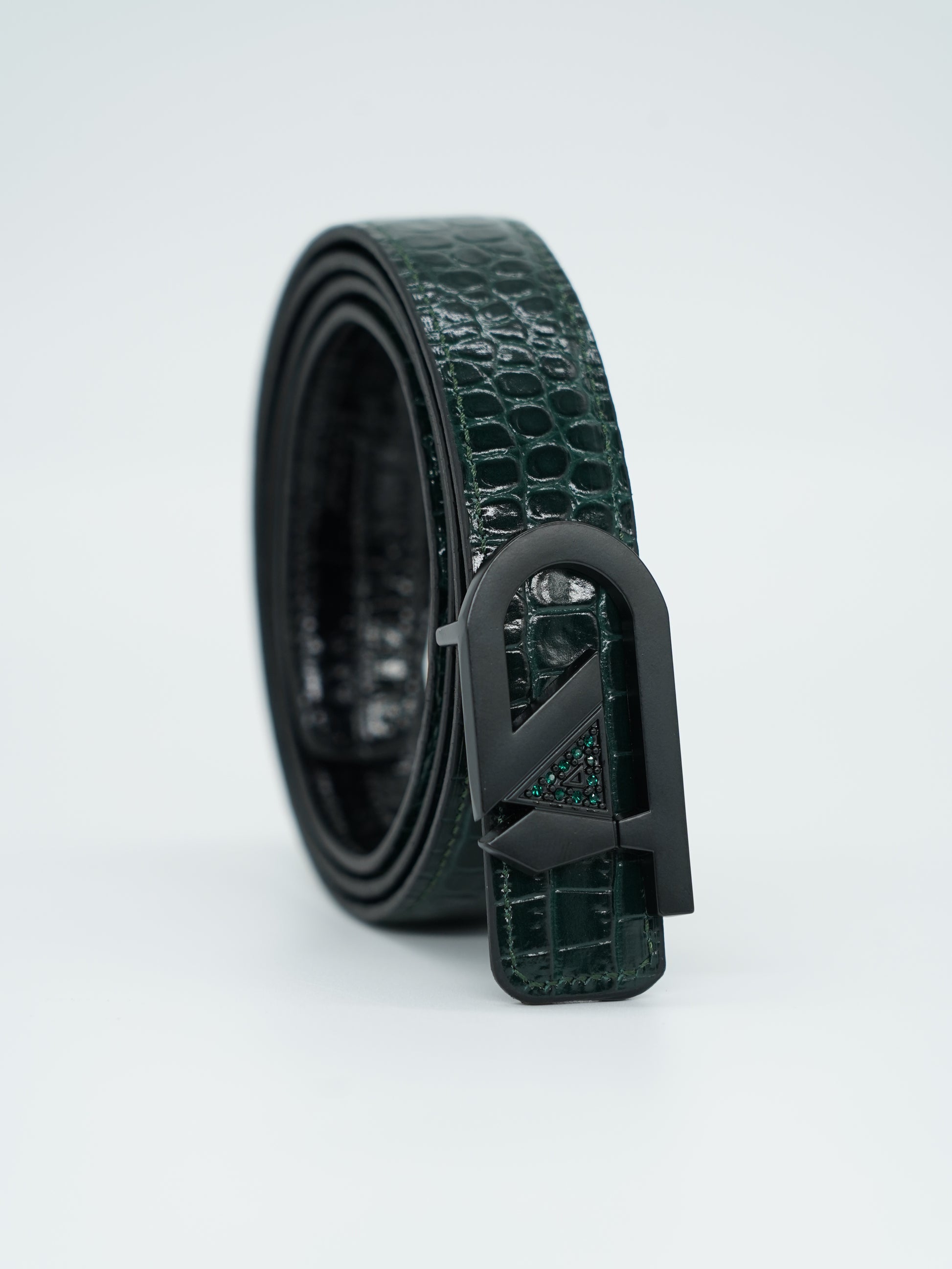 Cintura GT reversibile 2,5cm in pelle di vitello primo fiore stampa cocco verde/nero con fibbia nera opaca