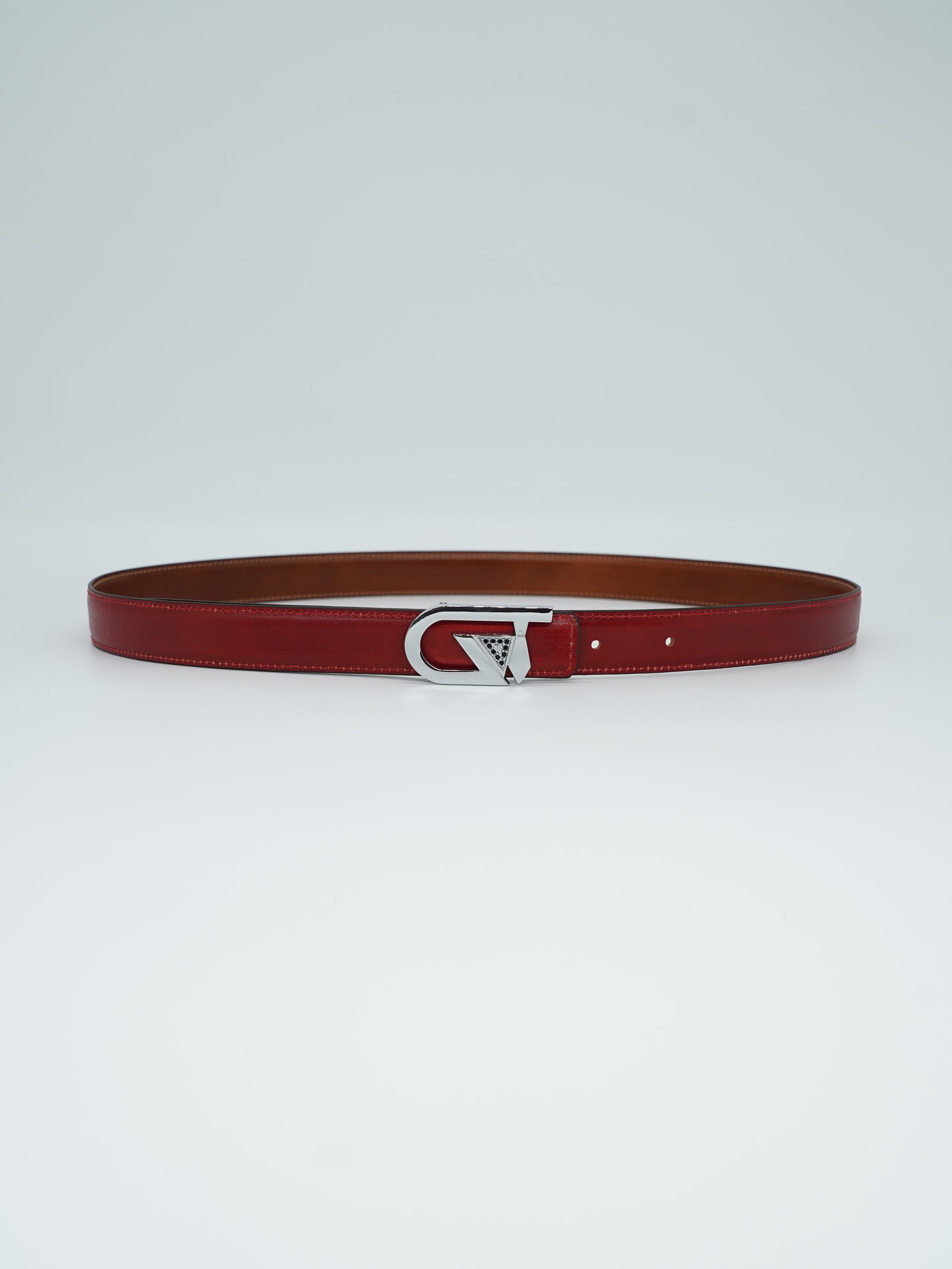 Cintura GT reversibile 2,5cm in pelle di vitello primo fiore tamponato a mano cuoio/rosso Inglese con fibbia argento