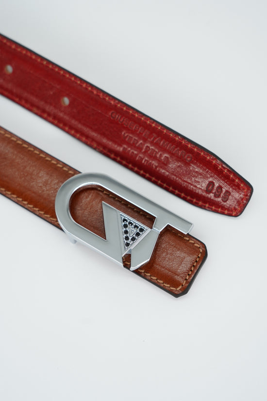 Cintura GT reversibile 2,5cm in pelle di vitello primo fiore tamponato a mano cuoio/rosso Inglese con fibbia argento