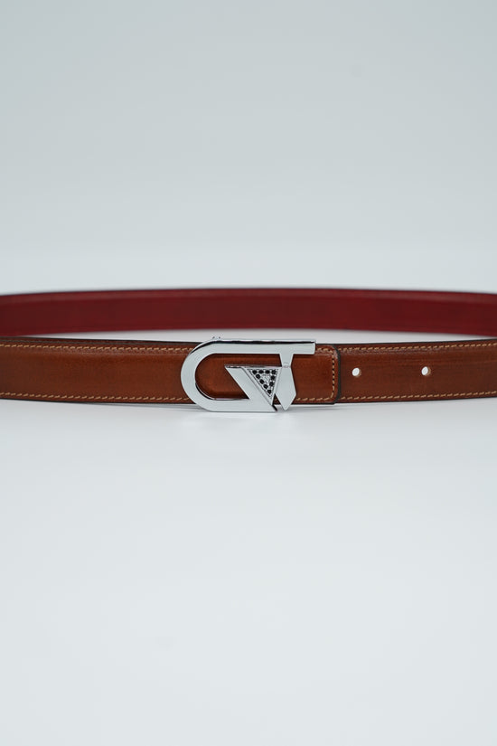 Cintura GT reversibile 2,5cm in pelle di vitello primo fiore tamponato a mano cuoio/rosso Inglese con fibbia argento