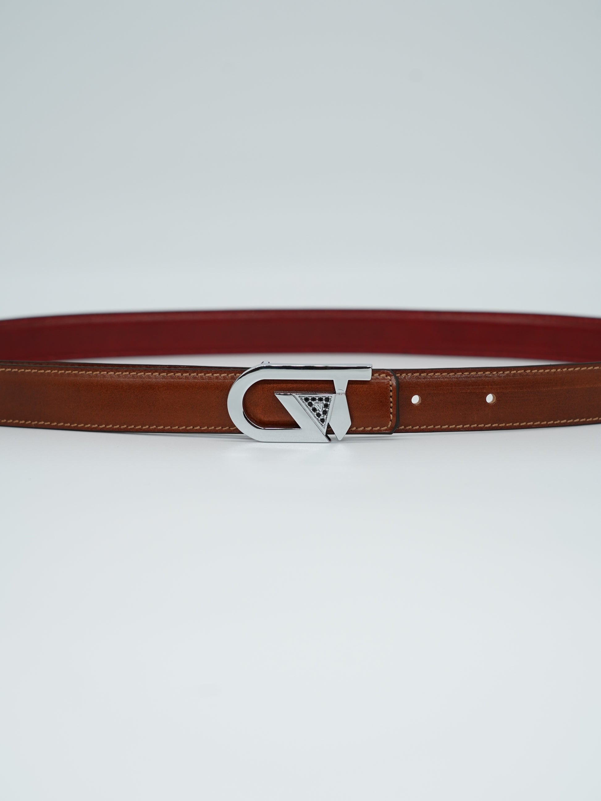 Cintura GT reversibile 2,5cm in pelle di vitello primo fiore tamponato a mano cuoio/rosso Inglese con fibbia argento