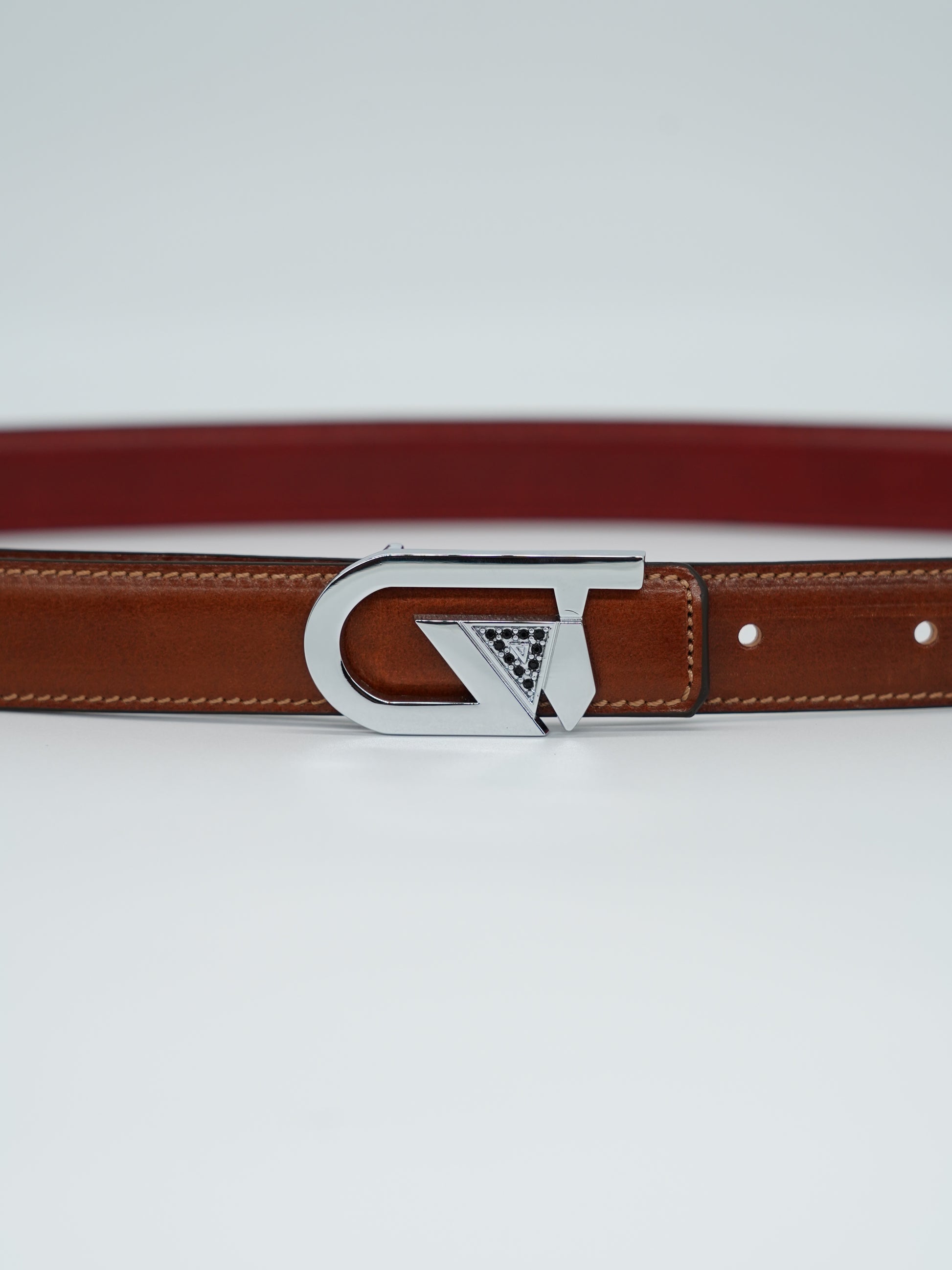 Cintura GT reversibile 2,5cm in pelle di vitello primo fiore tamponato a mano cuoio/rosso Inglese con fibbia argento