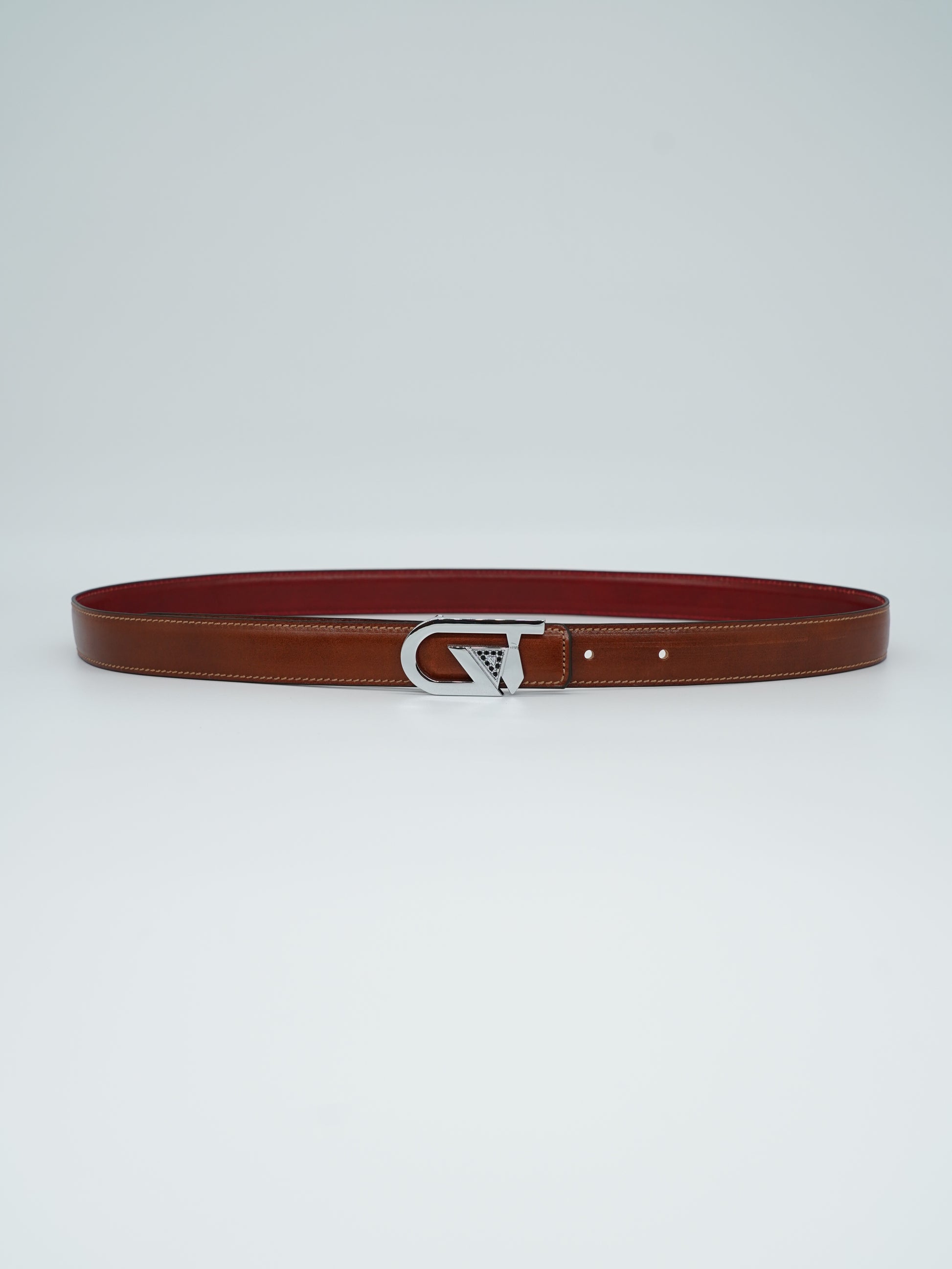 Cintura GT reversibile 2,5cm in pelle di vitello primo fiore tamponato a mano cuoio/rosso Inglese con fibbia argento