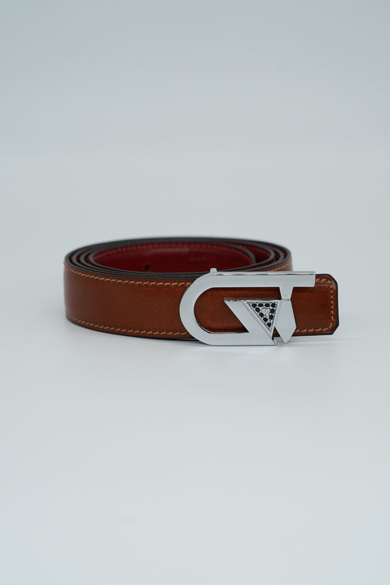 Cintura GT reversibile 2,5cm in pelle di vitello primo fiore tamponato a mano cuoio/rosso Inglese con fibbia argento