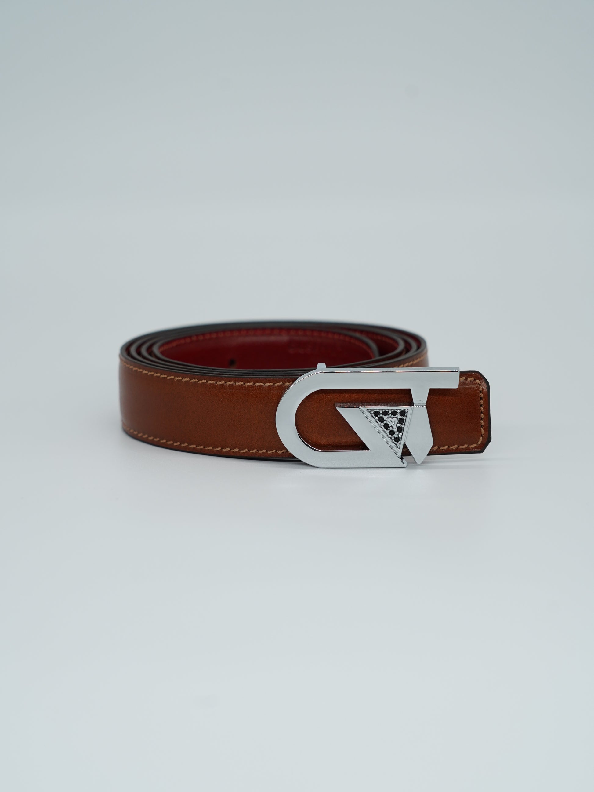 Cintura GT reversibile 2,5cm in pelle di vitello primo fiore tamponato a mano cuoio/rosso Inglese con fibbia argento