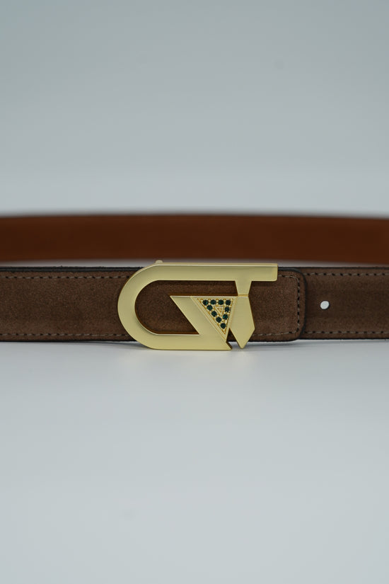 Cintura GT reversibile 2,5cm in pelle scamosciata di vitello primo fiore bruciato/fango con fibbia oro satinato