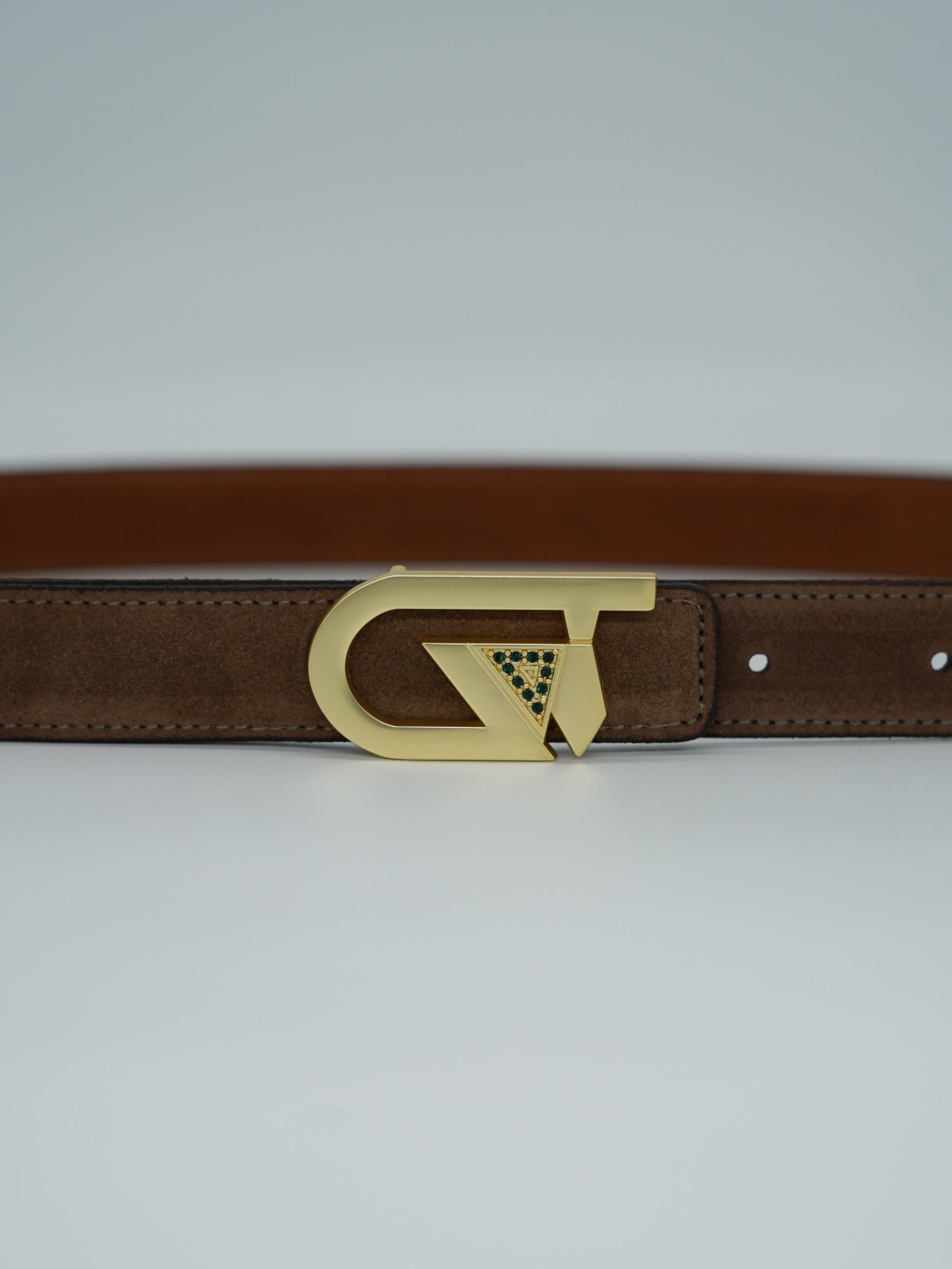 Cintura GT reversibile 2,5cm in pelle scamosciata di vitello primo fiore bruciato/fango con fibbia oro satinato
