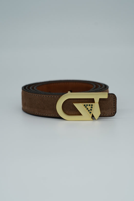 Cintura GT reversibile 2,5cm in pelle scamosciata di vitello primo fiore bruciato/fango con fibbia oro satinato