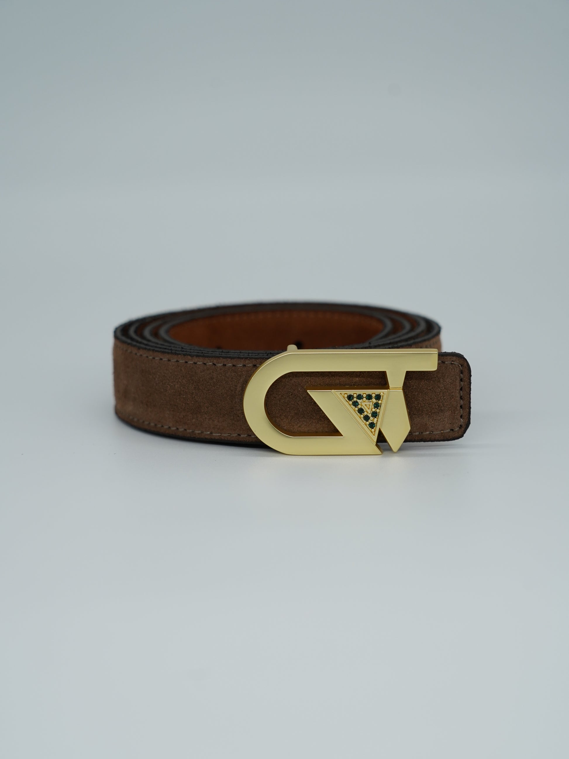 Cintura GT reversibile 2,5cm in pelle scamosciata di vitello primo fiore bruciato/fango con fibbia oro satinato