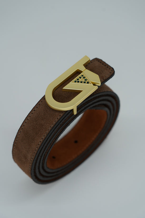 Cintura GT reversibile 2,5cm in pelle scamosciata di vitello primo fiore bruciato/fango con fibbia oro satinato