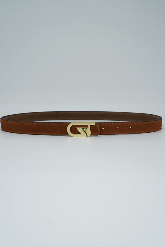 Cintura GT reversibile 2,5cm in pelle scamosciata di vitello primo fiore bruciato/fango con fibbia oro satinato