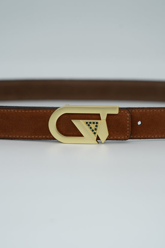 Cintura GT reversibile 2,5cm in pelle scamosciata di vitello primo fiore bruciato/fango con fibbia oro satinato