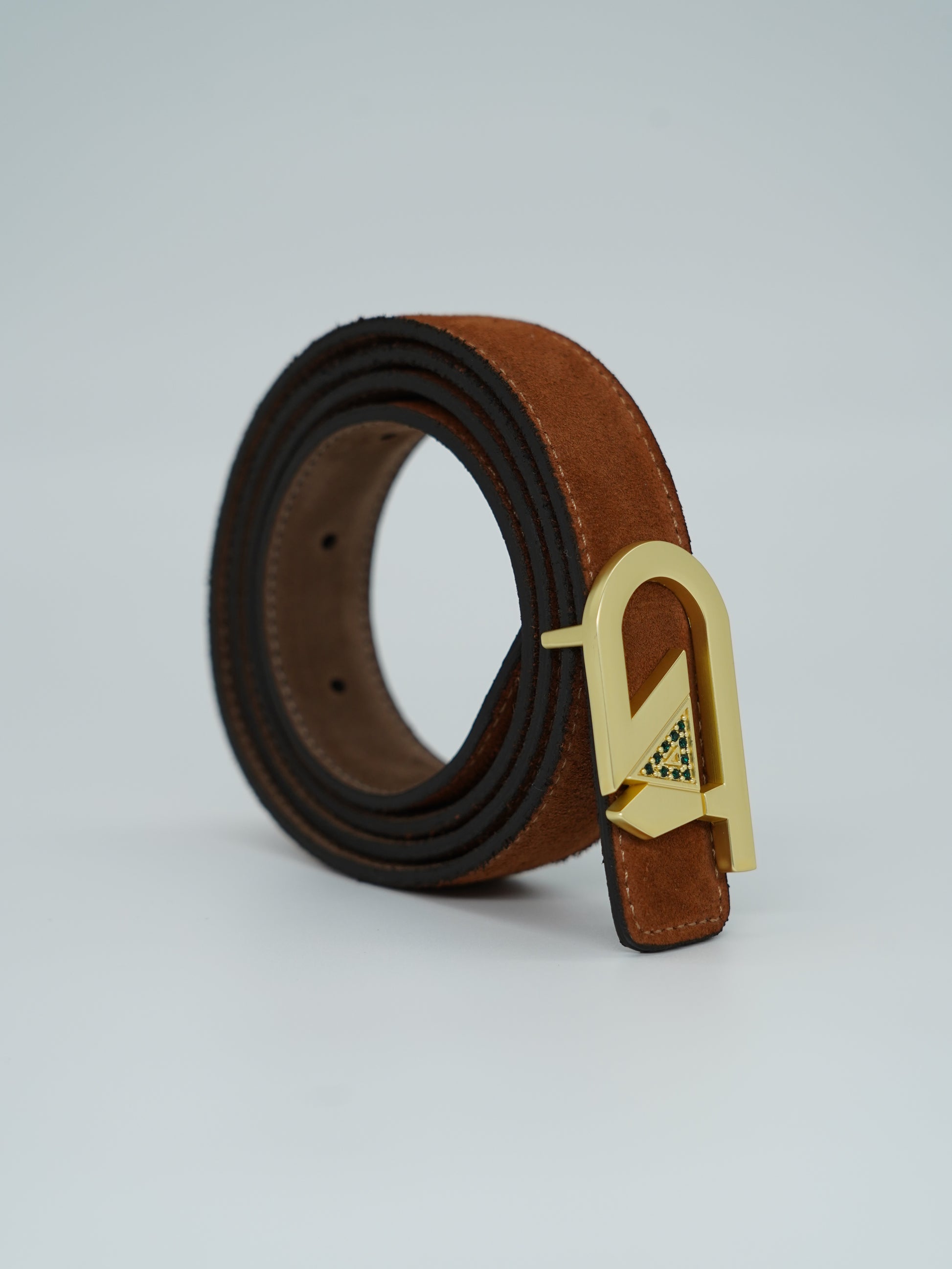 Cintura GT reversibile 2,5cm in pelle scamosciata di vitello primo fiore bruciato/fango con fibbia oro satinato