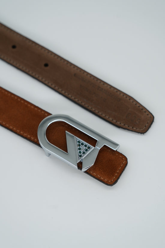 Cintura GT reversibile 2,5cm in pelle scamosciata di vitello primo fiore fango/bruciato con fibbia argento