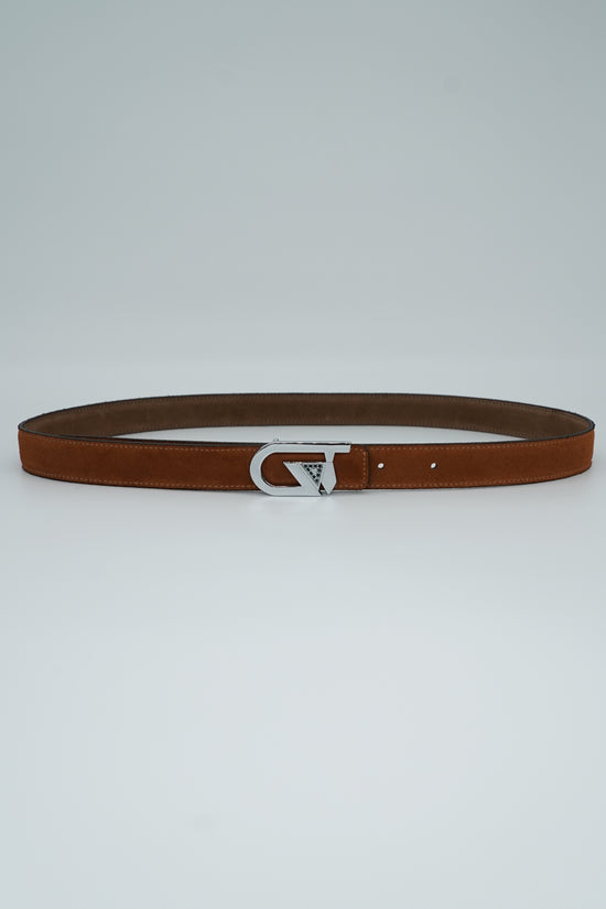 Cintura GT reversibile 2,5cm in pelle scamosciata di vitello primo fiore fango/bruciato con fibbia argento