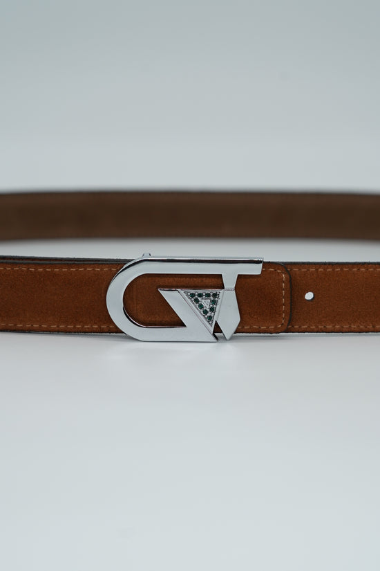 Cintura GT reversibile 2,5cm in pelle scamosciata di vitello primo fiore fango/bruciato con fibbia argento