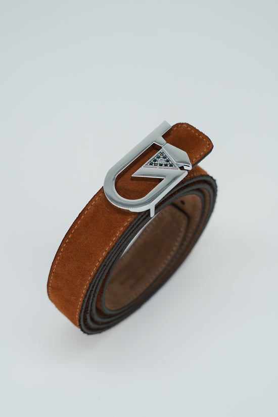 Cintura GT reversibile 2,5cm in pelle scamosciata di vitello primo fiore fango/bruciato con fibbia argento