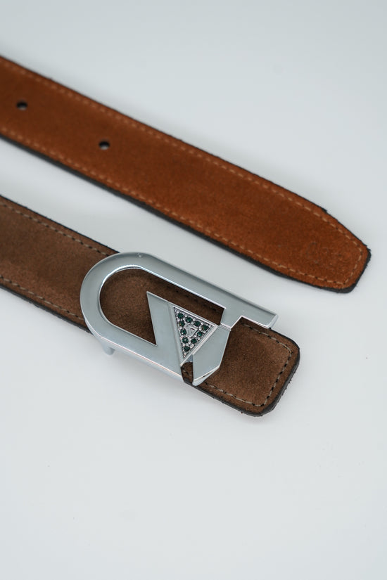 Cintura GT reversibile 2,5cm in pelle scamosciata di vitello primo fiore fango/bruciato con fibbia argento