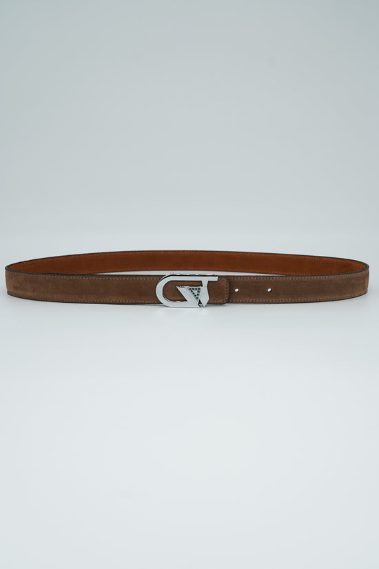 Cintura GT reversibile 2,5cm in pelle scamosciata di vitello primo fiore fango/bruciato con fibbia argento