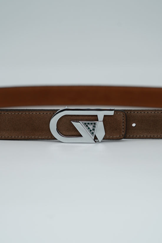 Cintura GT reversibile 2,5cm in pelle scamosciata di vitello primo fiore fango/bruciato con fibbia argento