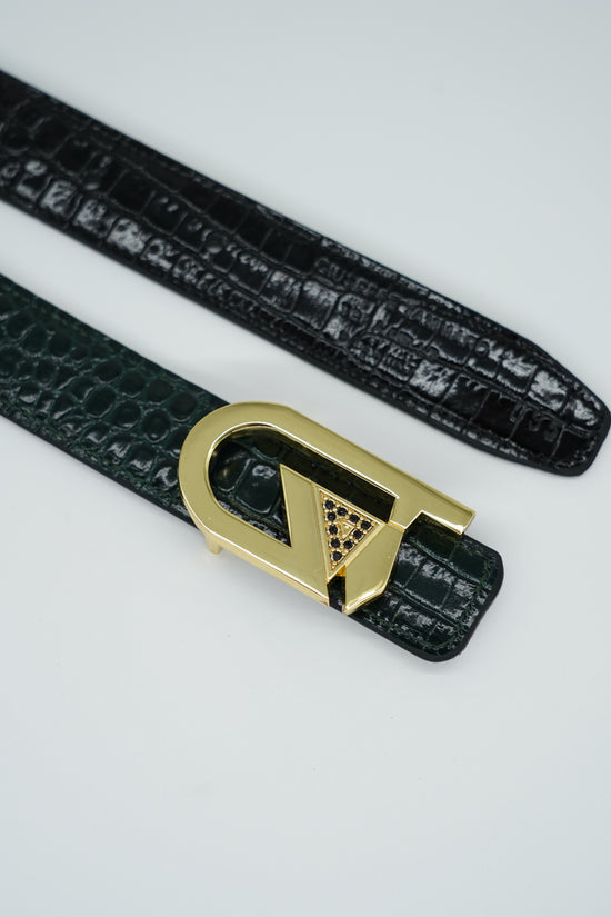 Cintura GT reversibile 2,5cm in pelle di vitello primo fiore stampa cocco nera/verde con fibbia oro lucido