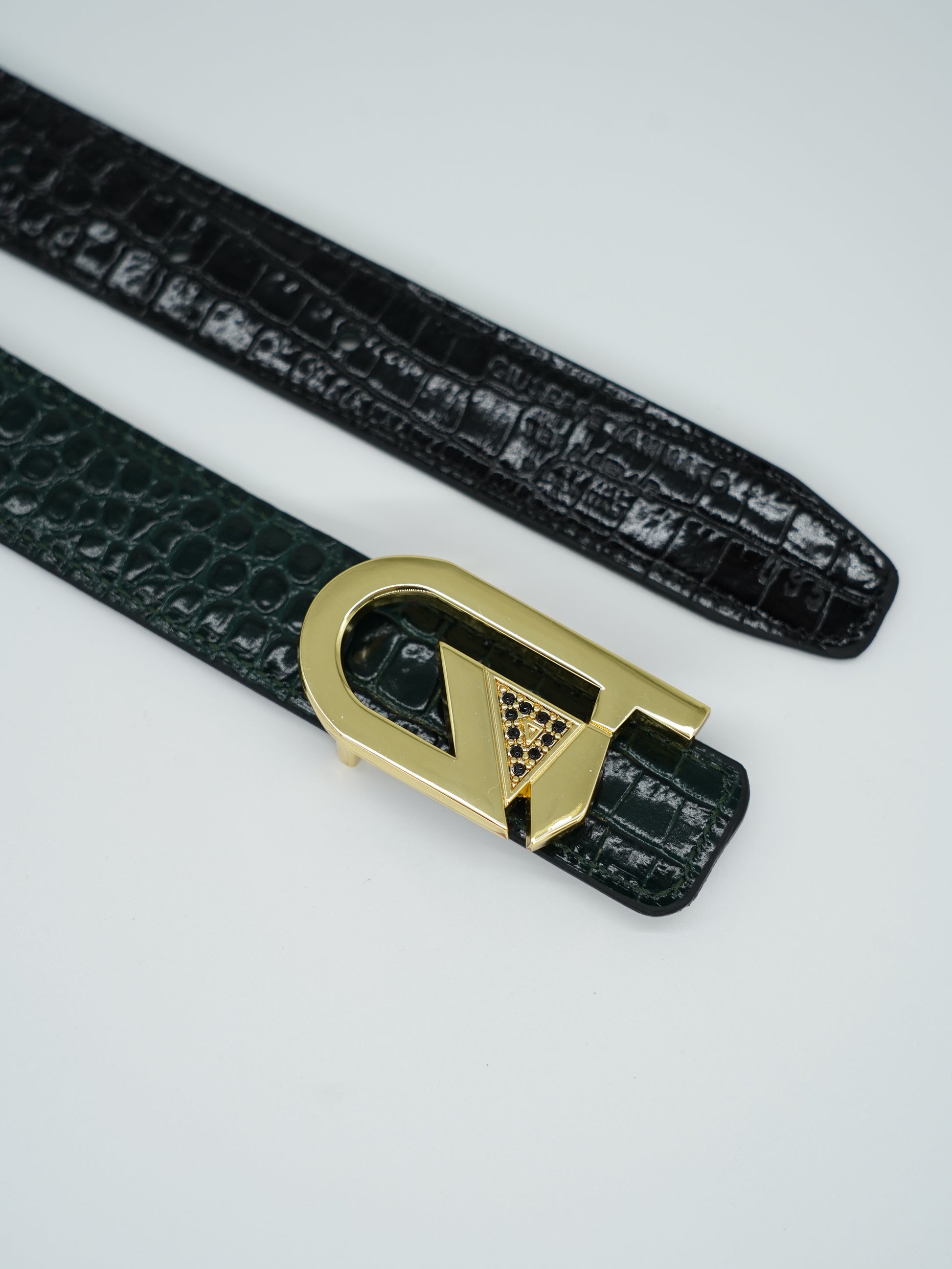 Cintura GT reversibile 2,5cm in pelle di vitello primo fiore stampa cocco nera/verde con fibbia oro lucido