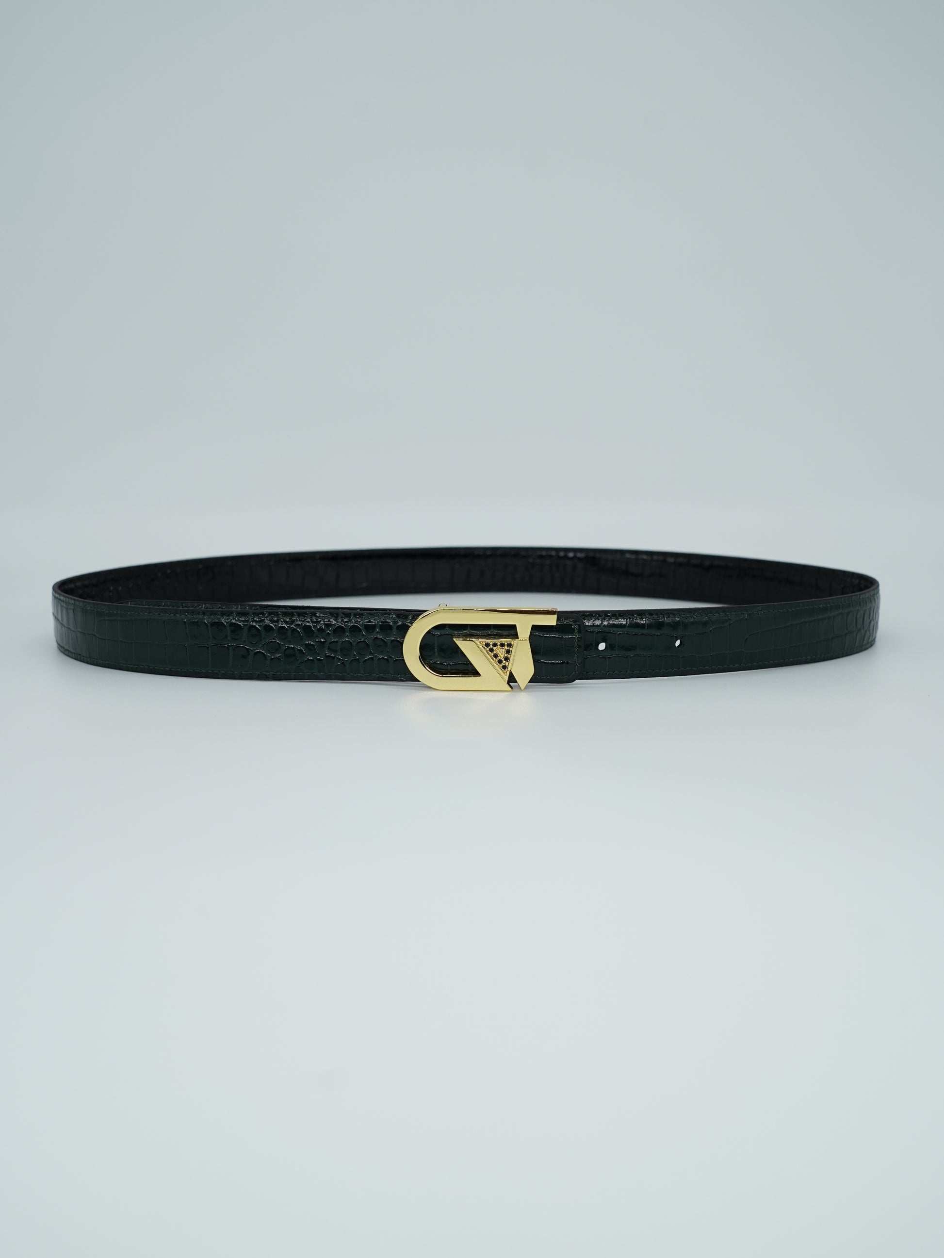 Cintura GT reversibile 2,5cm in pelle di vitello primo fiore stampa cocco nera/verde con fibbia oro lucido