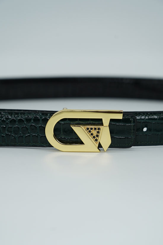 Cintura GT reversibile 2,5cm in pelle di vitello primo fiore stampa cocco nera/verde con fibbia oro lucido