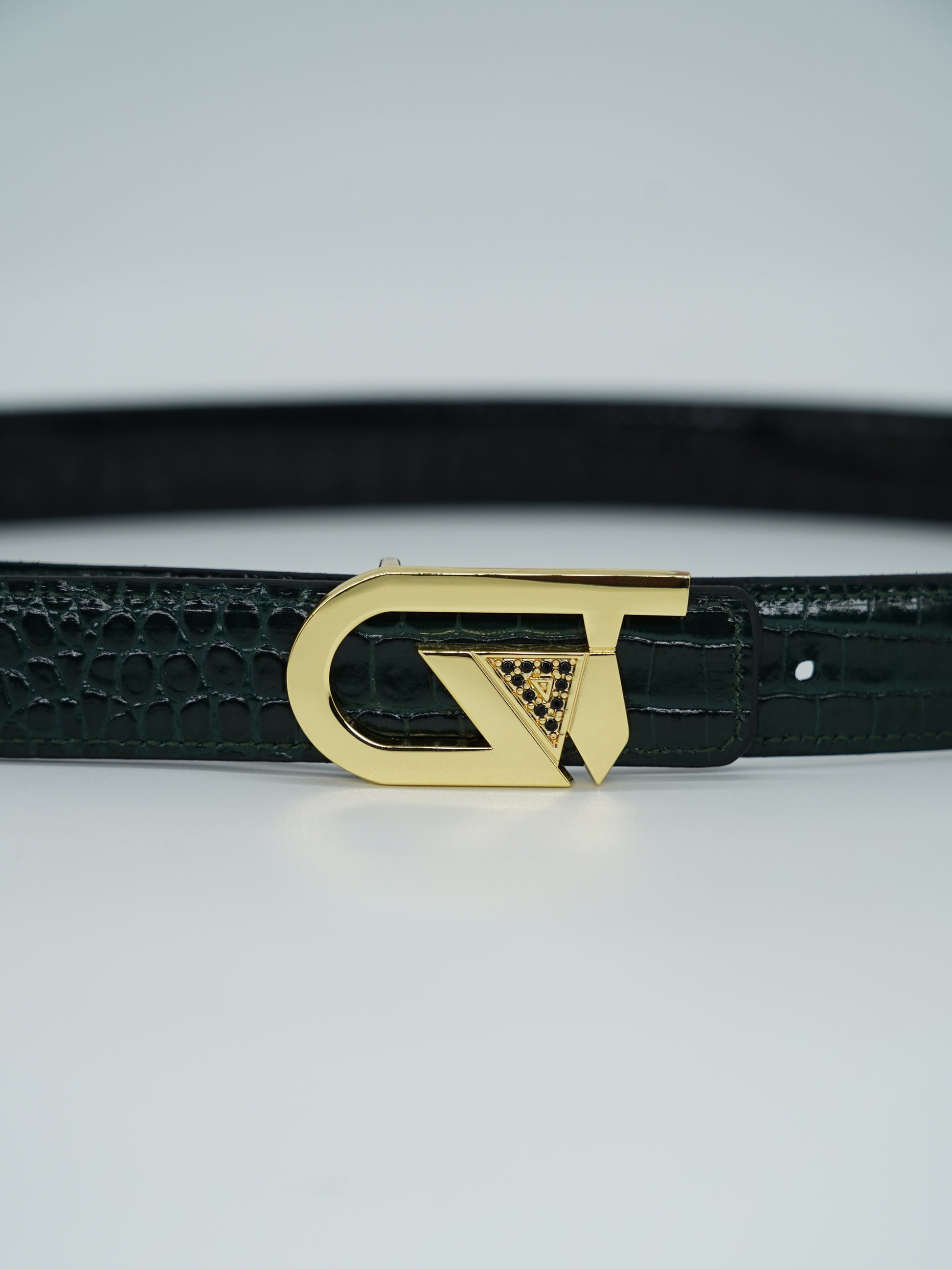 Cintura GT reversibile 2,5cm in pelle di vitello primo fiore stampa cocco nera/verde con fibbia oro lucido