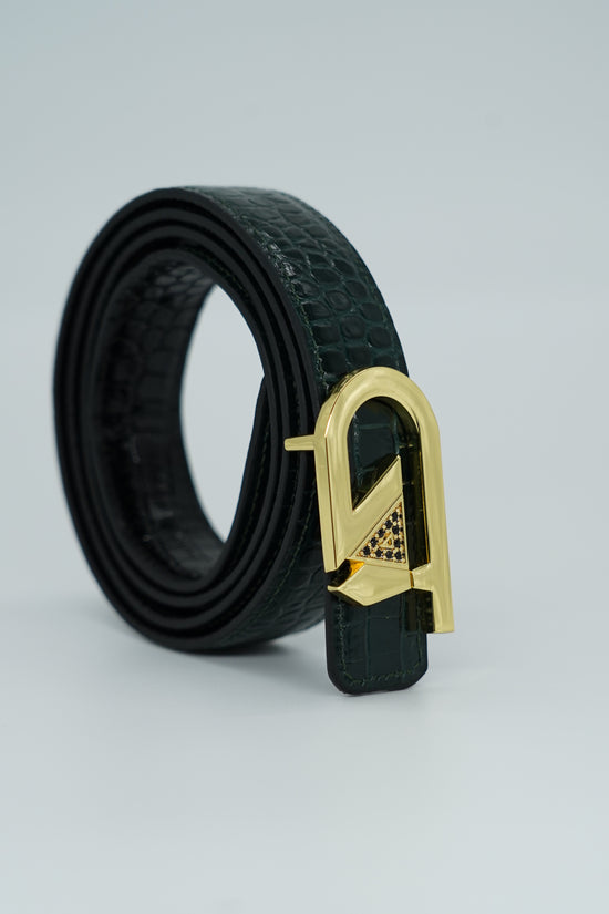 Cintura GT reversibile 2,5cm in pelle di vitello primo fiore stampa cocco nera/verde con fibbia oro lucido