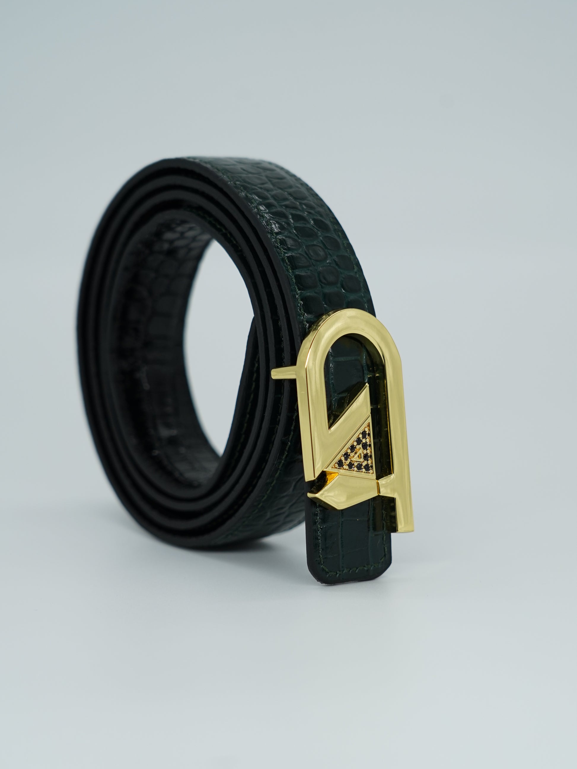 Cintura GT reversibile 2,5cm in pelle di vitello primo fiore stampa cocco nera/verde con fibbia oro lucido
