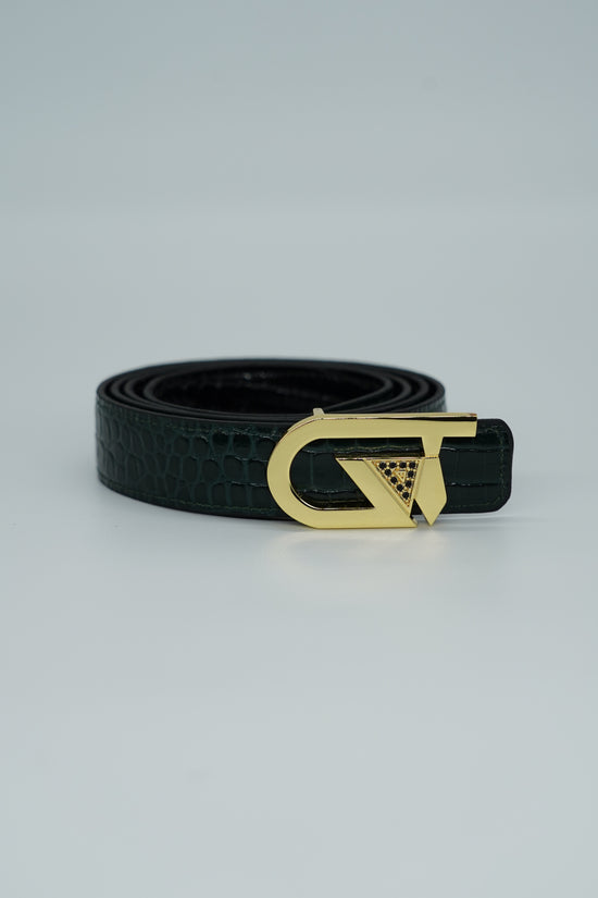 Cintura GT reversibile 2,5cm in pelle di vitello primo fiore stampa cocco nera/verde con fibbia oro lucido
