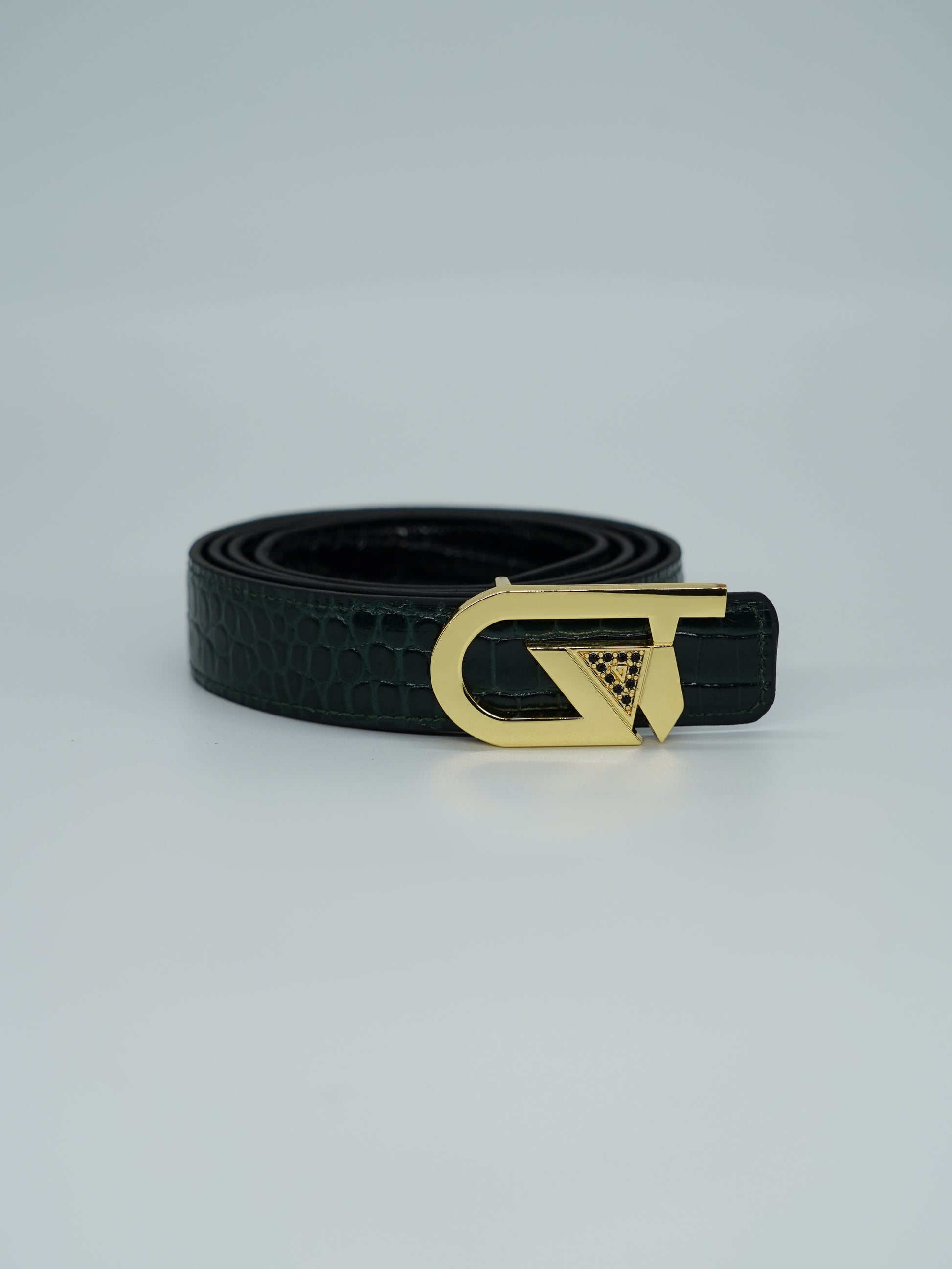 Cintura GT reversibile 2,5cm in pelle di vitello primo fiore stampa cocco nera/verde con fibbia oro lucido