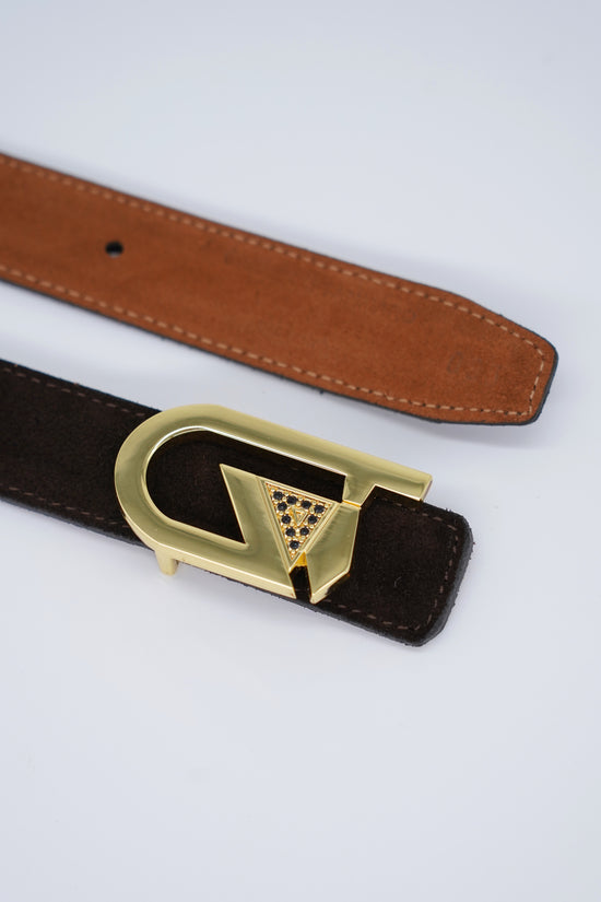 Cintura GT reversibile 2,5cm in pelle scamosciata di vitello primo fiore bruciato/testa di moro con fibbia oro lucido