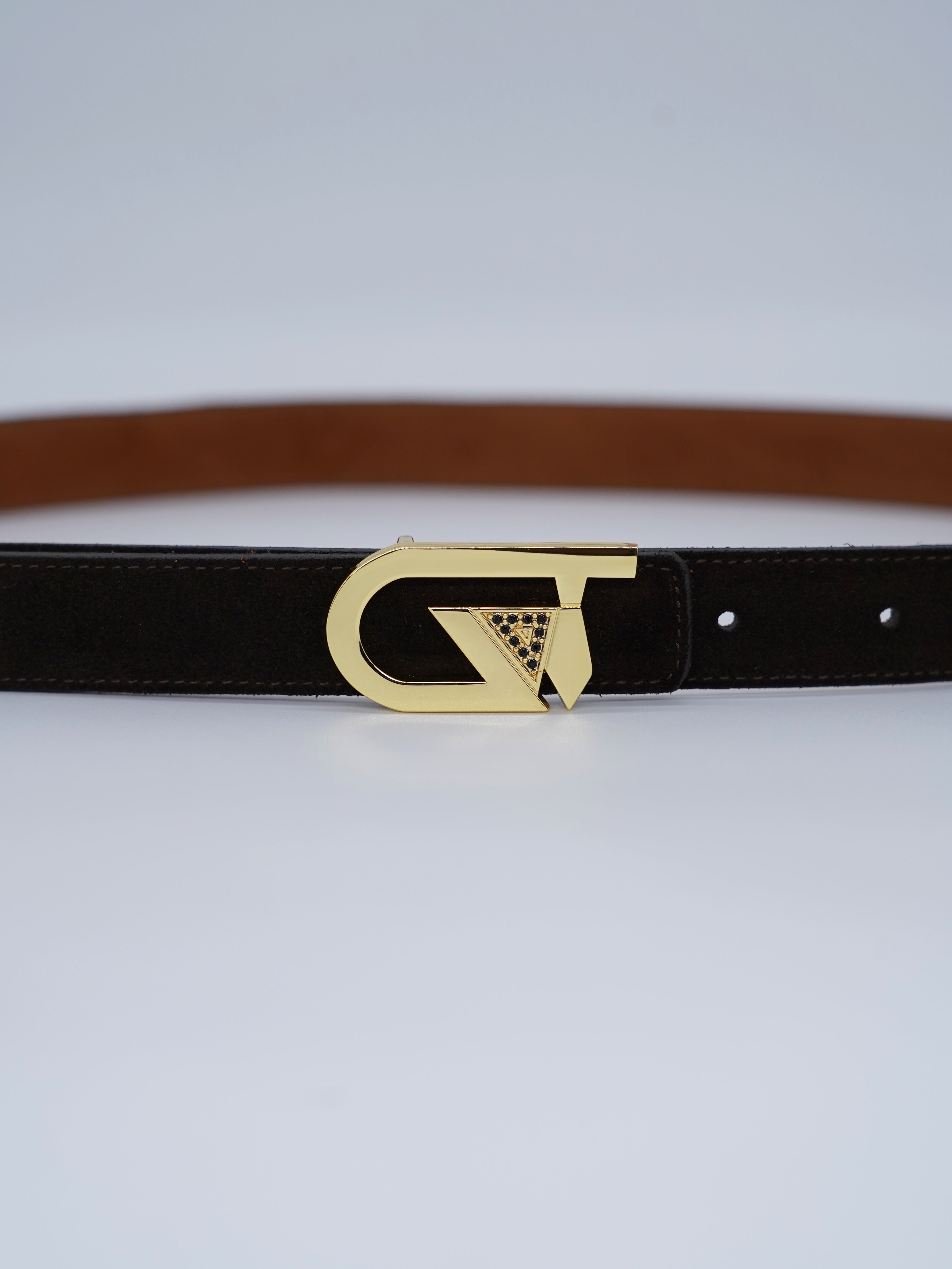 Cintura GT reversibile 2,5cm in pelle scamosciata di vitello primo fiore bruciato/testa di moro con fibbia oro lucido