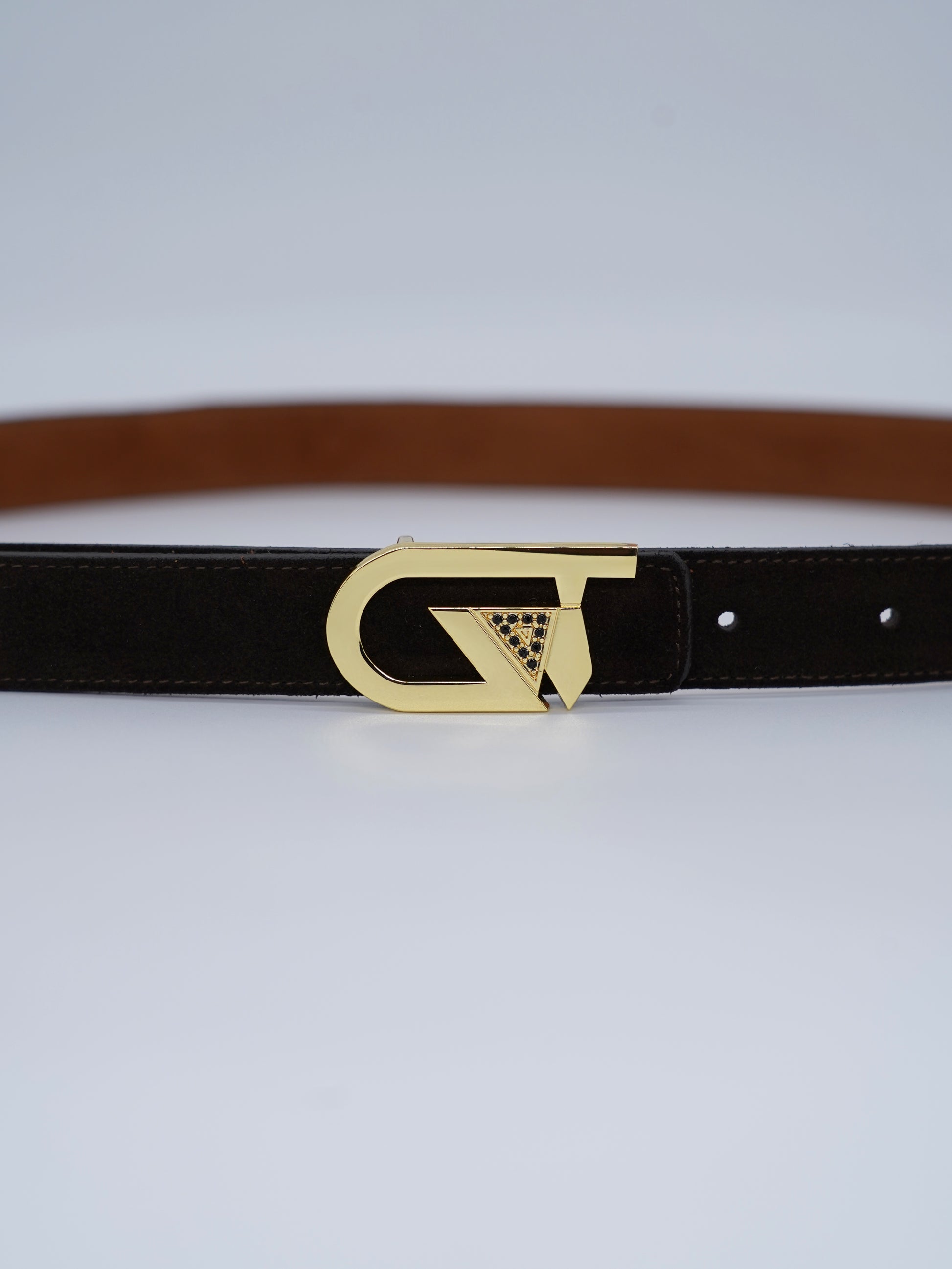 Cintura GT reversibile 2,5cm in pelle scamosciata di vitello primo fiore bruciato/testa di moro con fibbia oro lucido